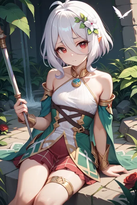 masterpiece、 best quality、 kampala、 Very detailed、kokkoro (princess connect!), princess connect!,white hair,red eyes,small breasts,bare shoulder,tsurime,skirt