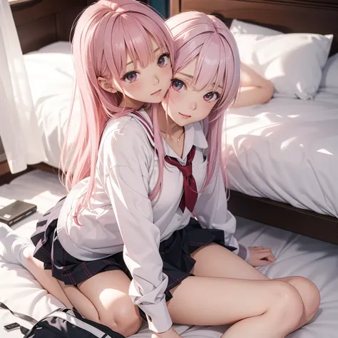  Official Art、Super-detailed CG art of the highest quality、White Panties ：１.２）、School Uniform、 Pink Hair、 is sitting、room、