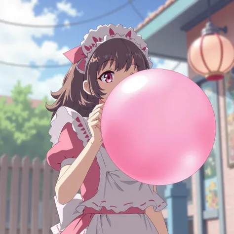 A maid normal anime girl blowing a gigantic bubble gum pink 1girl, Blush, High Resolution, Best Quality, Pink Hair, Blush, Smile,Looking at viewer, 