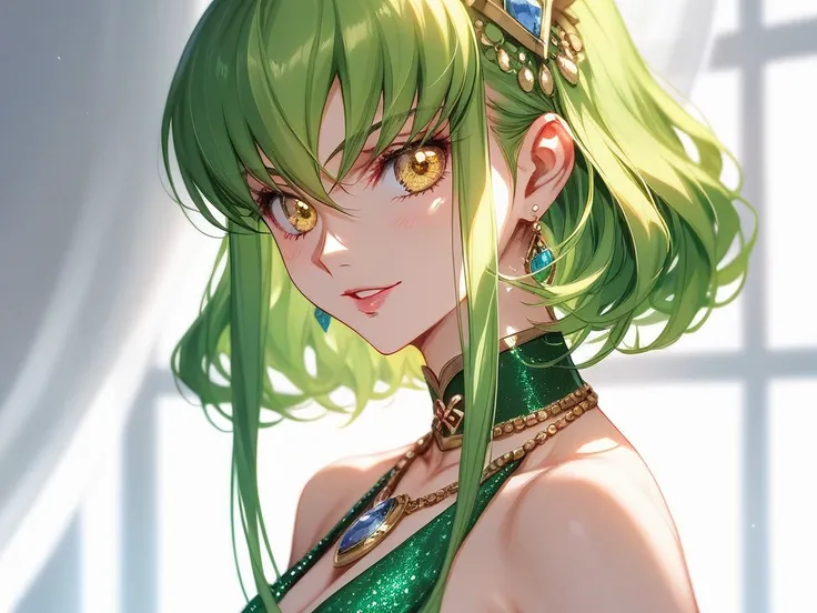 Woman c.c code geass,long green hair,yellow eyes tawny with necklace and pendant, complex set, adorned with precious stones, Wearing intricate, complex jewelry, with  intricate details ,  intricate costume , wearing elegant jewelry,  intricate details . Fr...