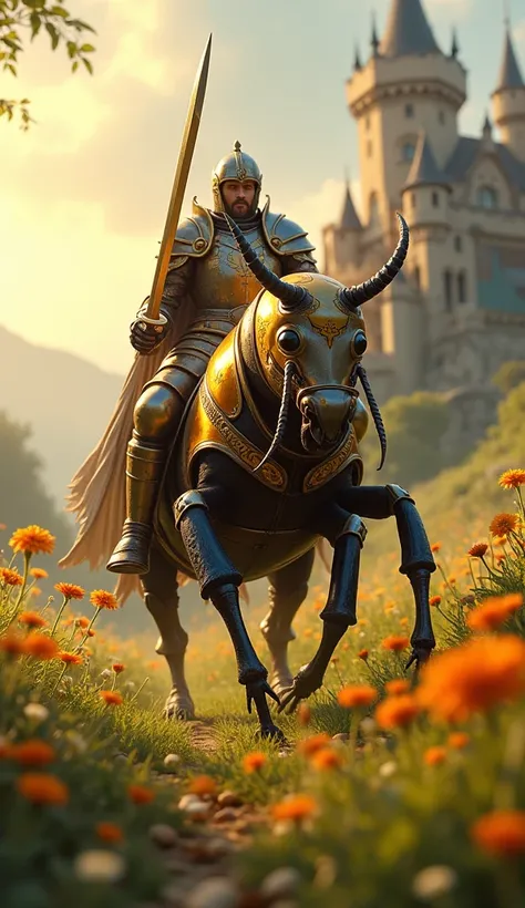 "Macro photography of a heroic paladin riding a royal beetle with a brilliant golden carapace and royal blue accents. The paladin holds a gleaming sword and shield, their armor gleaming in the sunlight. The beetle marches through a lush green meadow filled...