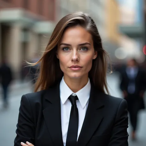 Image is a professional portrait photograph featuring a woman with a serious expression.  she is wearing a black suit jacket over a white dress shirt, complemented by a black tie. The background is blurred, suggesting an outdoor urban setting with indistin...