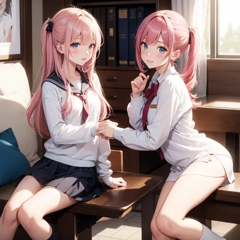  two girls、 Official Art、Super-detailed CG art of the highest quality、White Panties ：１.２）、School Uniform、 Pink Hair、 is sitting、room、 lesbians、