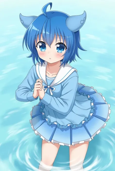  short blue hair with 2 horns 、 oceanをイメージした衣装に波の模様が入ったスカート　 Pretty Cure　Dolphin-themed clothes 　 ocean　young　Shake it　nsfw