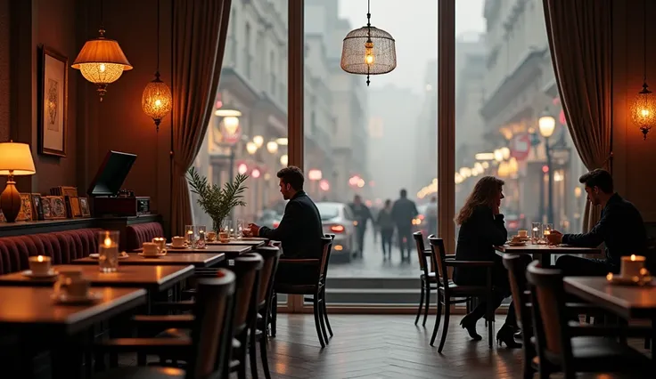 The café exudes an air of quiet sophistication, its spacious interior bathed in the soft glow of warm, ambient lighting. Large floor-to-ceiling windows stretch along one wall, offering a serene view of the bustling city streets outside, blurred slightly by...