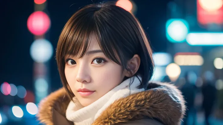 A close-up of a cute Japanese woman in her 20s with soft makeup, short brown hair, standing in a modern city at night with neon lights, looking slightly to the side, portrait shot, photorealistic, ultra-high-definition, 16K, incredibly detailed, fullbody, ...