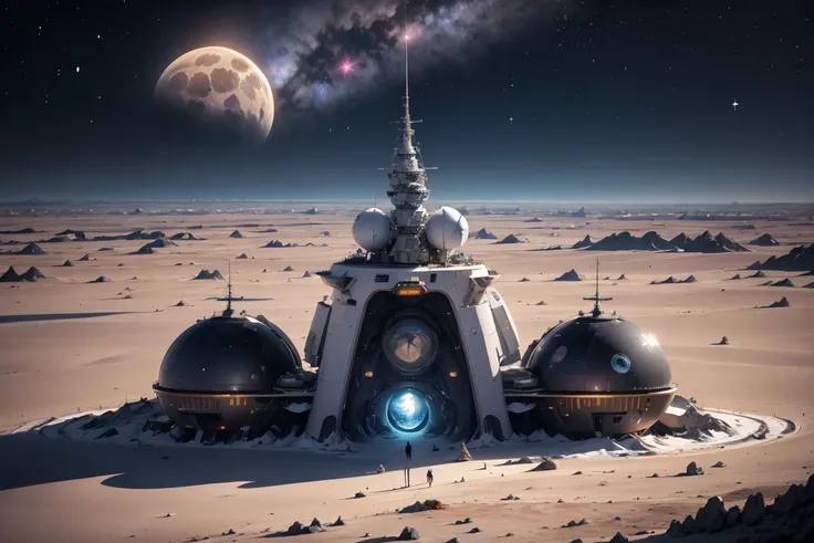 a highly detailed, photorealistic, 8k, intricate and complex sci-fi landscape, a futuristic moon base on the surface of the moon, with an expansive cosmos in the background featuring stars, planets, and a beautiful, cool-toned galaxy