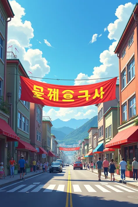 "Street view of Gyeongbuk, Gimcheon city, with a busy town center. A large banner hangs across the street, displaying the Korean text: 황태환군의 태권도 1단 승급을 축하합니다! in bold, clear letters. The background features local shops, cars, and pedestrians with a sunny a...