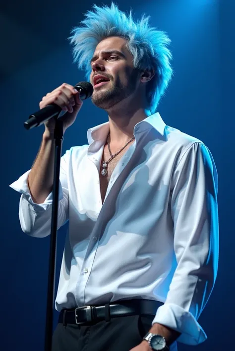 Handsome man with messy light blue hair and eyes holding a micro and wearing an elegant white shirt as he is standing on a concert stage and singing.   High detail, hyperrealistic textures, realistic, real.