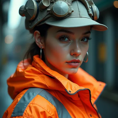 Hyper-realistic beautiful girl wearing a building hat and a hi-visibility jacket big breast cinematic 8k 