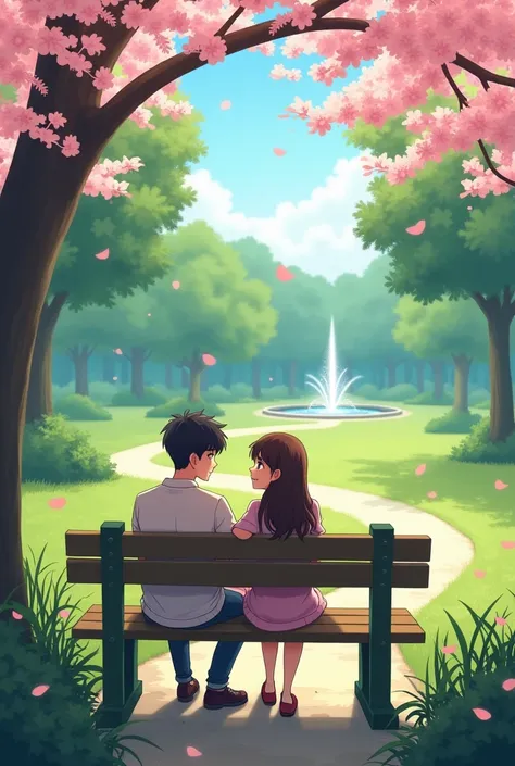 Couples sitting on a bench at the park anime front