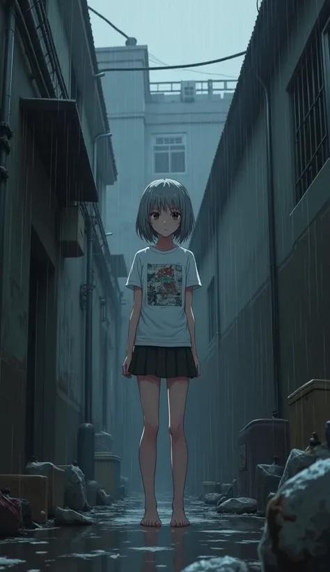 masterpiece,  best quality,   kampala,   Very detailed ,((( beautiful girl with short grey hair))), (((  Japanese anime))), ((( white printed t-shirt ))), (((   miniskirt ))), (((barefoot))), (((  standing ))), (((Dark Back Alley))), (((Pipeline))), (((Tra...