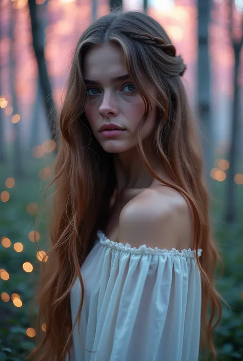 Goddess with long hair showing her full face. Half of the body is visible with an image background. With fantasy trees that are supernaturally bright and futuristic, with fantasy pastel-colored trees. A magical fairy forest, a magical forest and twinkling ...