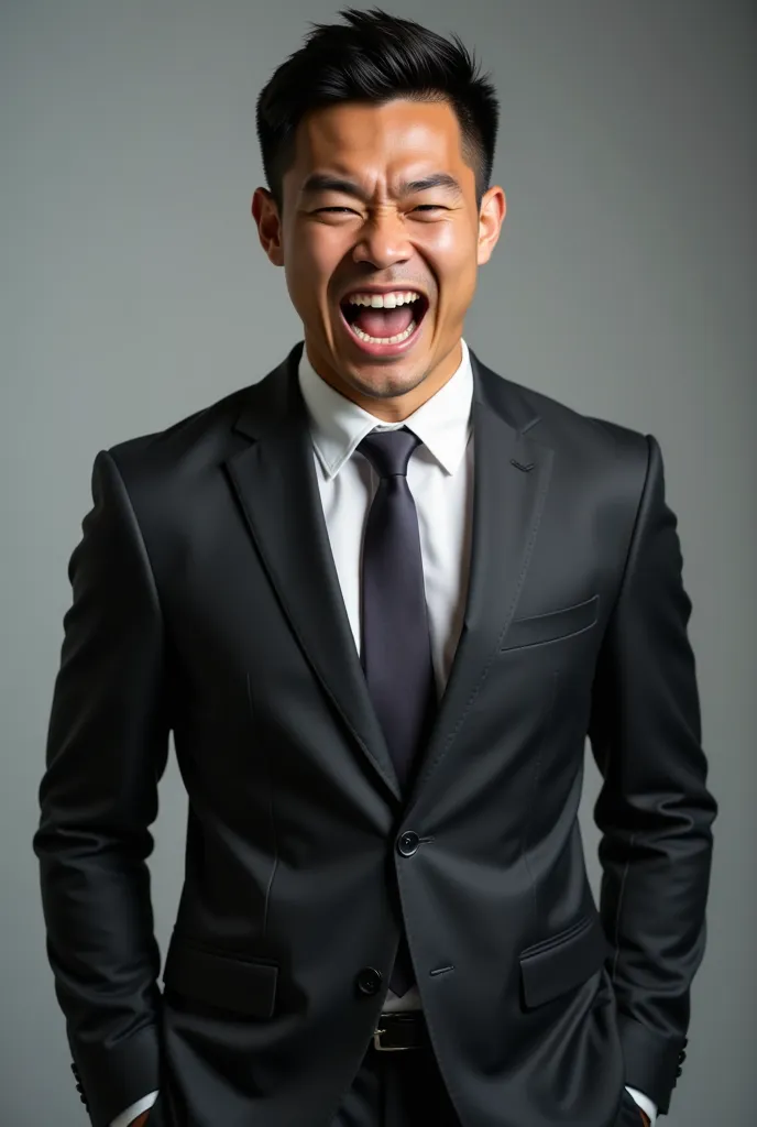 a japanese male in a business suit with an angry face full of emotion and shouting.