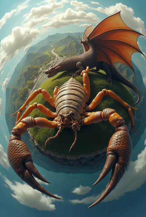 ((      photorealism      ,     large     ,    Sharp focus   ,8K rendering,    amazing quality,    In great detail ,HDR)) : ((1little planet    ))  phone wallpapers ,   macro shot depicting a scorpion and a dragon