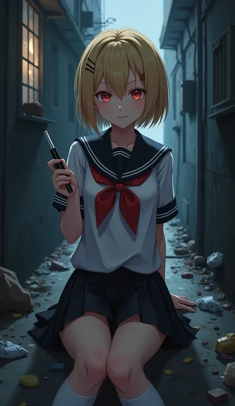 masterpiece,  best quality,  high definition ,  Very detailed,((( blonde pretty girl))), ((( Japanese anime))), ((( short hair on the nose ))), ((( sailor suit ))), ((( black pleated skirt))), ((( white high socks ))), (((Dark Back Alley))), ((( is sitting...