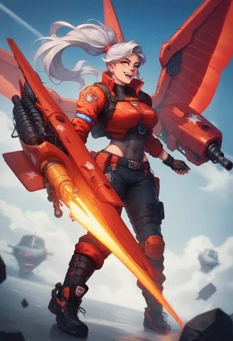 amidst on the deck of a ruined gunship in sunset beams. a futuristic A woman with a mechanized theme. has silver hair tied into a high ponytail and wears a sleek black and red combat suit with intricate designs. pants and boots. Their armor includes glowin...