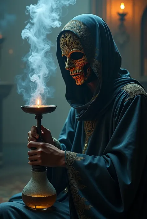 An image of an enigma masked person with hookah and smoke in the background