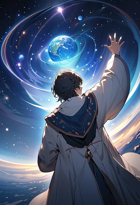 (masterpiece, best quality), A 1500s scholar boy who watches the solar system from higher-universe. raises his right hand and points to the earth,back view, Starry sky.