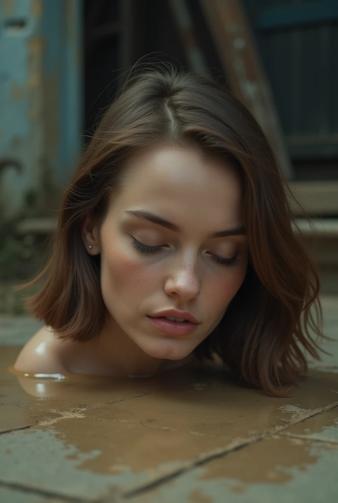  A beautiful real womans head is placed on a dirty floor,  on the Table  , in a public market,, ((  eyes closed  )), Realistic, 4K, Nikon, toilet floor ,  Natalie Portman ,リアルなnose孔と肌,細長いナッツ型のnose孔,beautiful detailed nose,Realisticな肌の質感,real skin, oily ski...