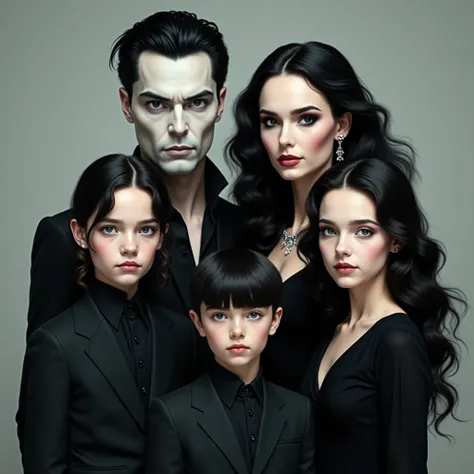 Image of a man with gray eyes, black hair and super white skin with masculine features and next to him a white woman with black hair and blue sapphire eyes in a black dress and in front is a  boy with black hair and blue eyes and next to a  girl with black...