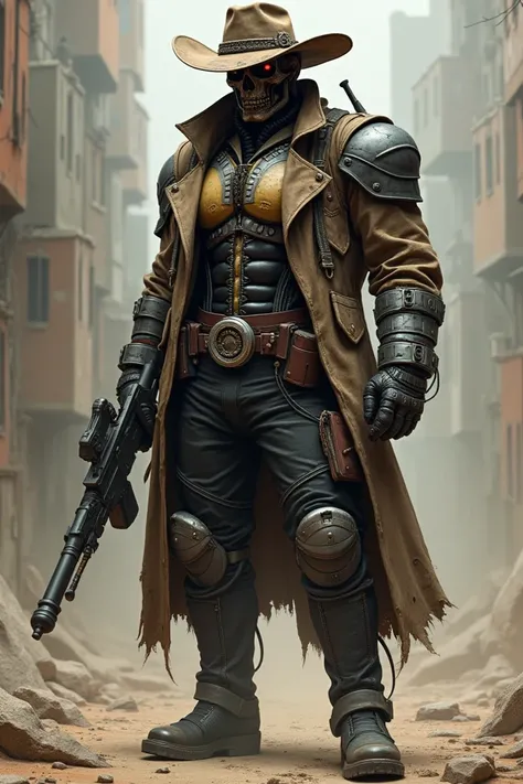 An Cyborg, wearing a Faded Leather Coat, with an Visible Damaged Armour on his Chest, black Cargo Pants, and Evony Boots, Some Right Part of his Face showing his Endoskeleton, and a Plasma Canon on his Left Arm, and some kind of tube connected from his Che...