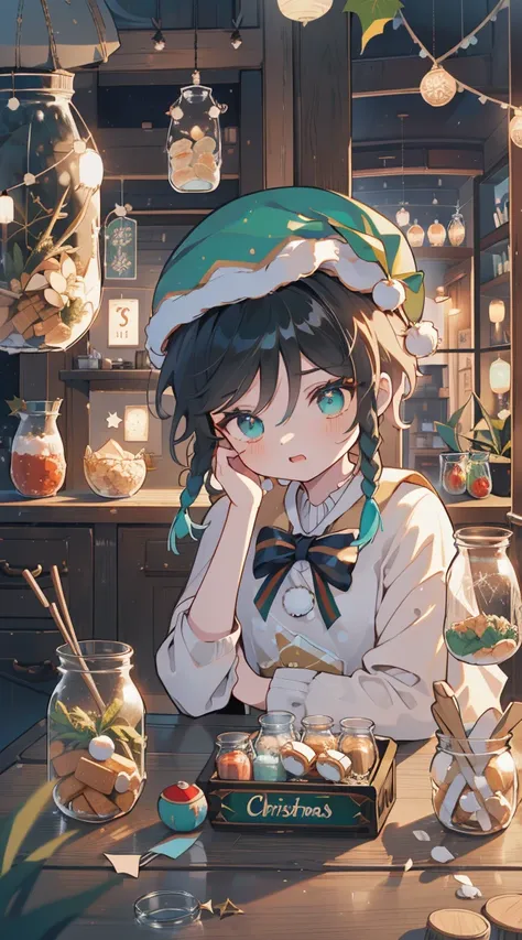 （（（（（（inside jar））））））、A boy with, ((full bodyesbian)), Wendi (genshin impact),brunette color hair, Green eyes, ((((Packed in jars))))、adolable、最small, small, Christmas atmosphere,, santa hat, Sweets and snacks, gifts, A piece of,(((Packed in jars))), (Eau...