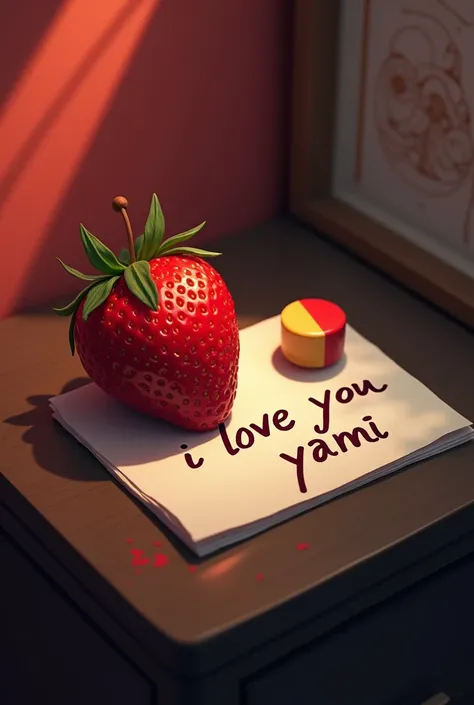  A red strawberry and a half red half yellow pill together with a note with the text "I love you yami "  on a nightstand 