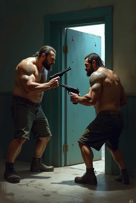 Two thugs in old clothes pointing a gun at an open door 