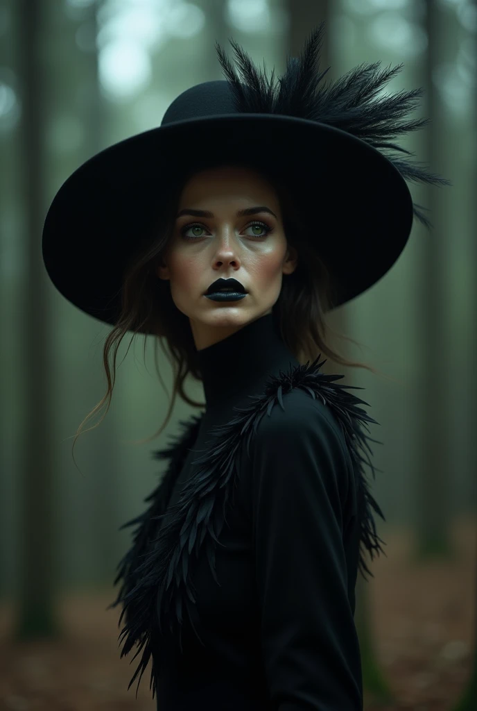 woman standing in a hat in a dark forest, low light, black dress with black feathers, green pronounced eyes, brunette, photorealistic, hyperrealistic, science fiction, dynamic pose, turned head, windblown hair, haunting twilight, dark and misty, Makeup: "a...