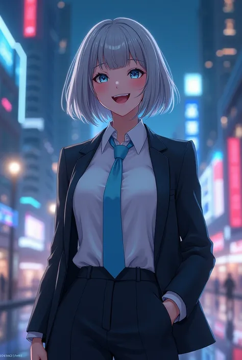 Gray Hair, short hair on the nose ,Light blue eyes, pure white skin, pretty girl,Neutral, curvy body , adult woman laughing,Beautiful breasts, nice butt, Tall,Muscular, button-down shirt ,Light blue tie, button-down shirt の上にスーツジャケットを羽織ってる, suit pants, ani...