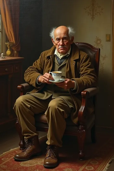 Make an ancient painting of the man who drinks coffee again