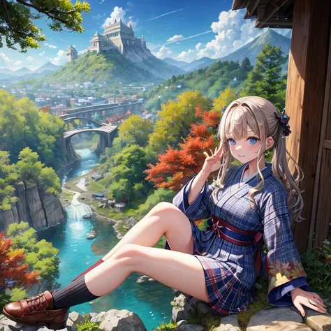 Chestnut Hair、 blue eyes、 with hair tied 、Two cute、 plaid mini skirt、 BLACK T-SHIRT、 Long Sleeve 、kimono、striped high socks、Teeth are visible、lawn、The stone is cracked、Uneven ground、The road is curved、View from above、Large autumn tree、Mountain々、 fence、isol...