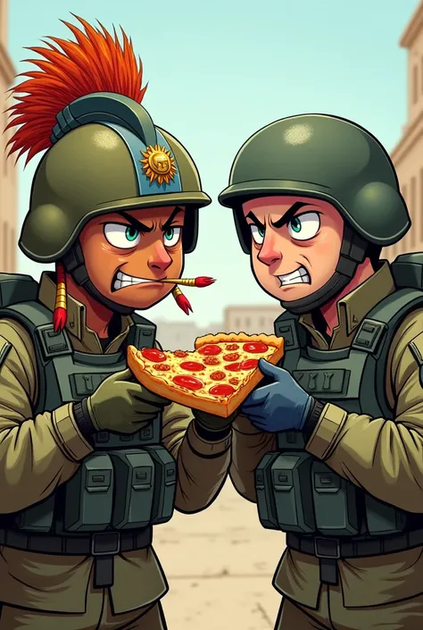 Apache soldier y soldado ruso with weapons and tactical equipment, helmet with feathers angrily eating a slice of pizza in a cartoon y 