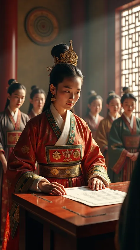 "Middle-aged Wu Zetian ,  reviewing official documents in a room of the imperial palace.  wears high-quality clothing with gold details .  She is surrounded by ministers and eunuchs who look at her with respect ,  as natural light enters through decorated ...