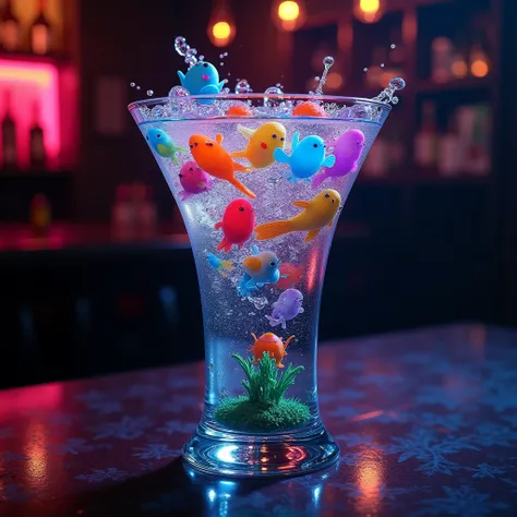 When you drink this cocktail 、 it feels like youre drinking an entire ecosystem .  colorful creatures are swimming in those tall, crystal-clear glasses.  The pubs backlight makes them look much more interesting .16k,  ultra high resolution,  ultra high res...