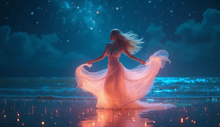 a beautiful blonde woman dancing in the starlight by the calm sea under psychedelic lights, detailed face and body, elegant dress, cinematic lighting, fantasy art, vibrant colors, dramatic atmosphere, mesmerizing movement, ethereal, (best quality,4k,8k,hig...