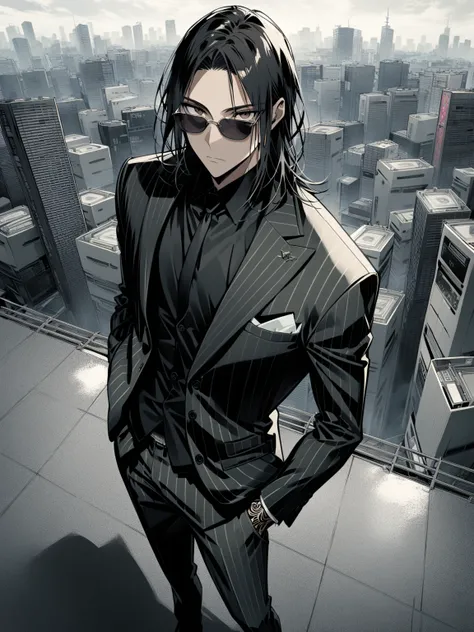 /upscale {{full body}} {{Artist: tite kubo}} 1boy, toned male, medium hair, black hair, brown eyes, suit, arm tattoo, expressionless, sunglasses, looking over eyewear, outdoor, tokyo (city), hand in pocket, standing, looking at viewer.