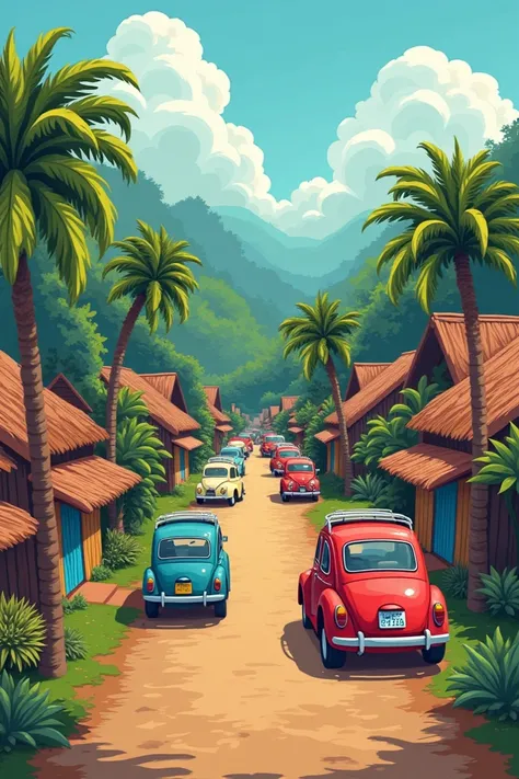 kerala village with many different cars in a cartoon style with colors