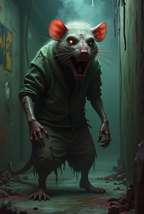  A humanoid zombie rat with deformations in the sewers with toxic gases He wears torn clothes,  There is hair on the body and parts of the body appear to be necrotic and covered with black slime . And her face is horrifying and without eyes 