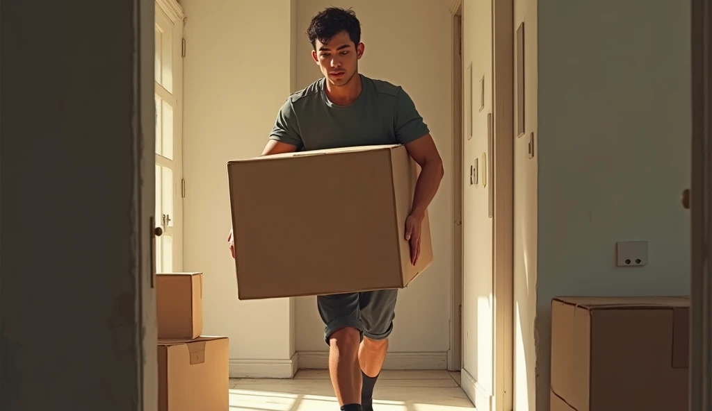 João carrying boxes into an apartment. dark sock 