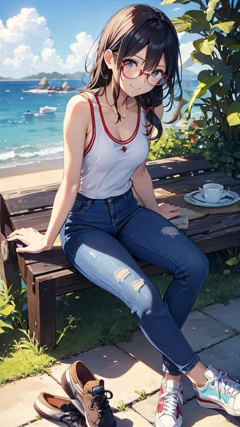 銀髪の美しい若い女性の Detailsな肖像画, Wear stylish glasses,  sexy tank top,   skinny jeans ,  sneakers, Under the summer sun、countryside, smile,  slim figure without arms,  Details, photoRealistic, masterpiece, 8k, 超 Details, Realistic,  bright color ,  natural light, ...