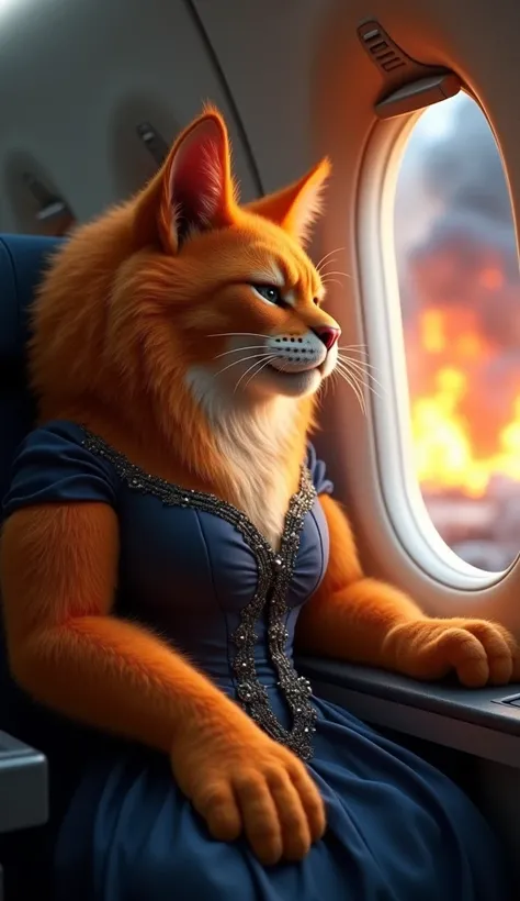 In cinematic 3D style, HD image ,realistic image, colourful image.
Character,A Lina orange big cat wearing dark blue long dress, expression sady
Action,
There is a huge fire outside the airplane. The orange big cat is looking outside with both hands on the...