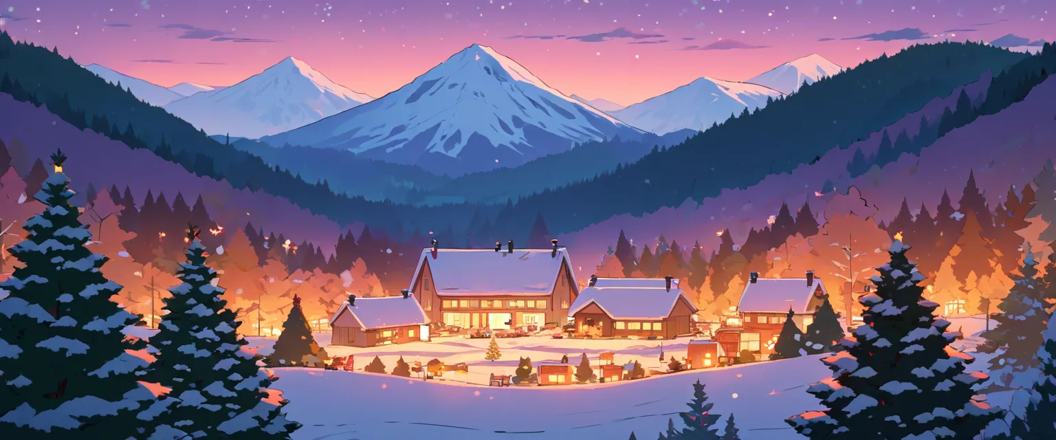 christmas vibes ultrawide ,cozy ,lofi ,landscape ,forest ,mountain