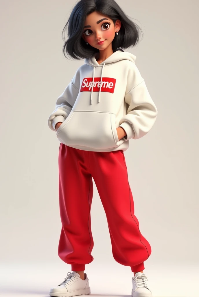 A 3D Pixar-style female character, full-body portrait, wearing a white hoodie dress layered over a red Supreme hoodie-style trouser. She is standing in a pose where her full body, including her legs and white sneakers, is clearly visible. The image is capt...