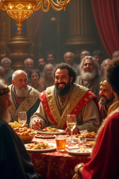 The thief-turned-minister sitting at a royal feast with King Hassan, smiling and enjoying the celebration. The banquet hall is beautifully decorated, and courtiers are praising the ministers success. The atmosphere is joyful and full of admiration