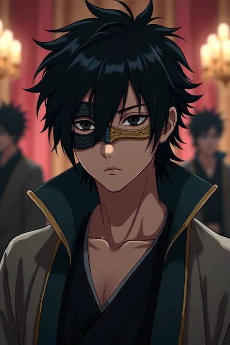 Royal son. . Black eyes. Thin lips. Like Uchiha Sasuke. Cold face. Wearing robe. Wearing Party eye mask.