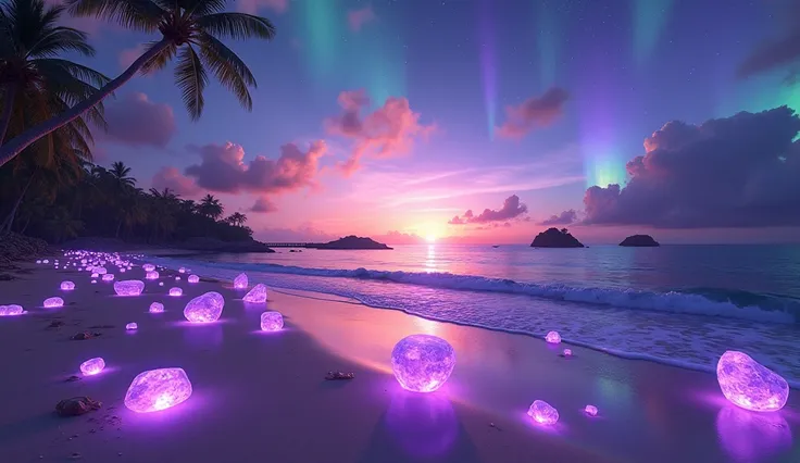  SeaArt AI- Super Resolution Laboratory  (( sunset at dusk ),  the beach is covered with yellow fluorescent light, ( many beautiful violet-colored stones , such as ,  are scattered all over the beach , HD quality beach ) (( Very beautiful luminous stones t...