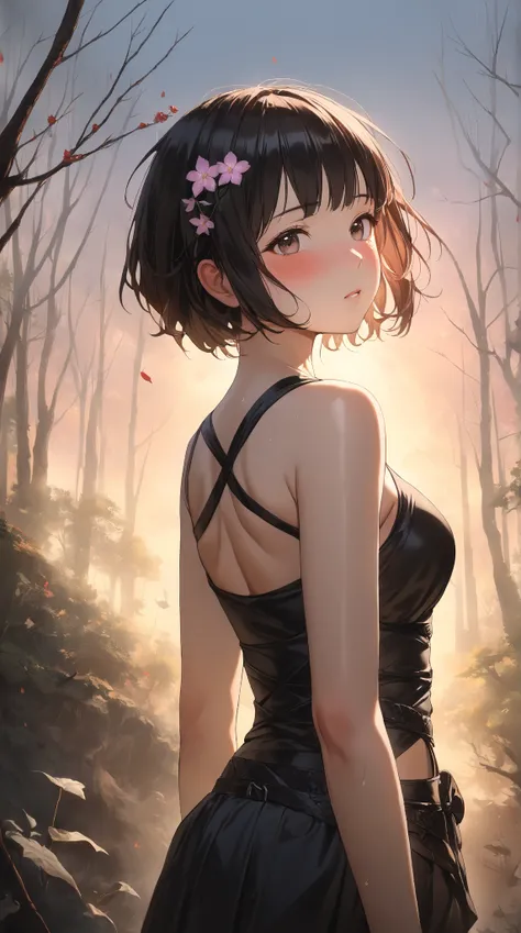 1 girl, ( cute face),  pixie cut, fantasy ninja costume, Black Belt,  Pottery skin ,  Big Breasts , (blush:1.4), look back,  cowboy shot, break,  soft light , ( Dusk Light :1.2),  Warm Atmosphere , The Moment I Fell in Love , break,  Mysterious Forest, Dim...