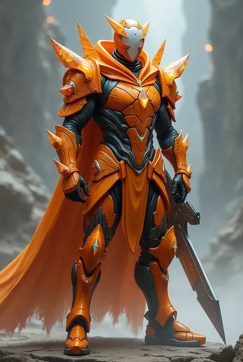 A Norse Aracocra monk character for League Of Legends Stratovarius World for League Of Legends male male white person only the armor that is orange and with futuristic crystals champion for League Of Legends Megazord mask and shooter 